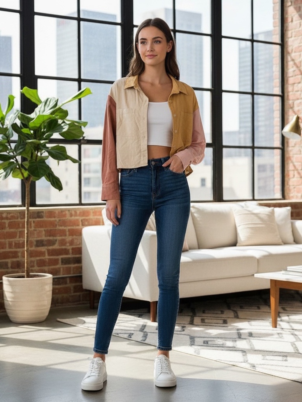 Very J Two-Tone Button-Up Shirt — Mustard & Cream